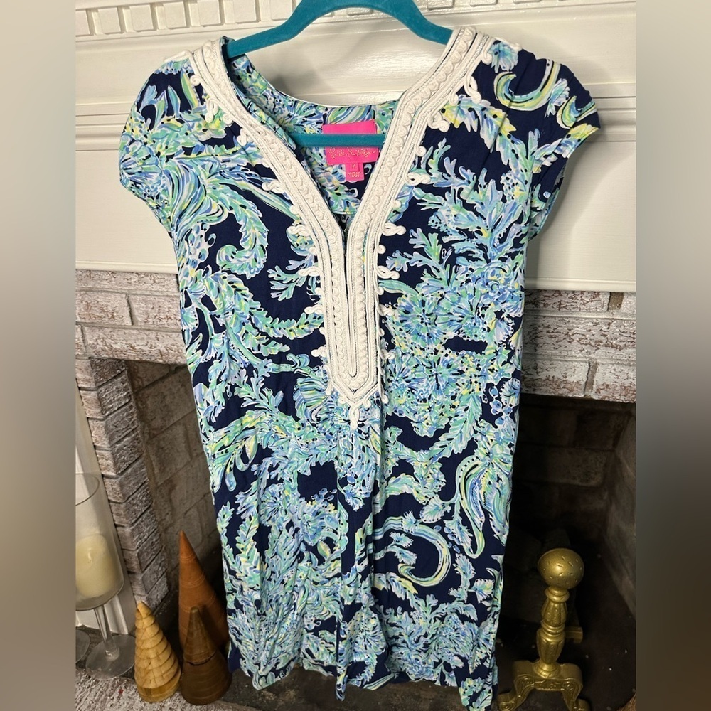 Lilly Pulitzer Madia Tunic Dress High Tide Navy Crochet Trim Cover Up M
